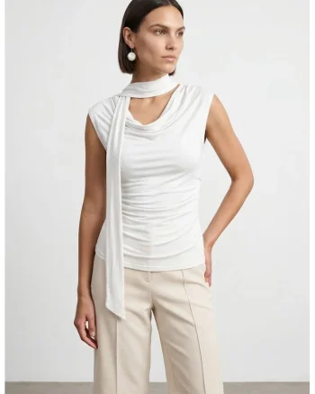 Bluza dama,  bluza din jerseu fara maneci, drapaj, alb prafuit, viscoza-elastan