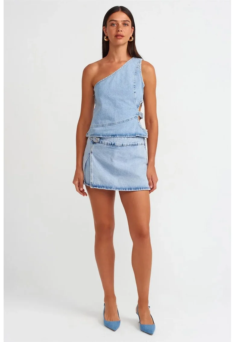 Fusta mini A-line,  denim albastru deschis, talie medie, 100% bumbac
