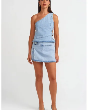 Fusta mini A-line,  denim albastru deschis, talie medie, 100% bumbac