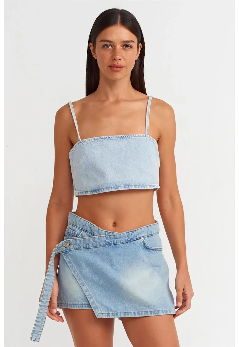 Fusta mini skater,  denim, talie medie, albastru deschis, bumbac