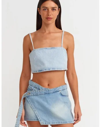 Fusta mini skater,  denim, talie medie, albastru deschis, bumbac