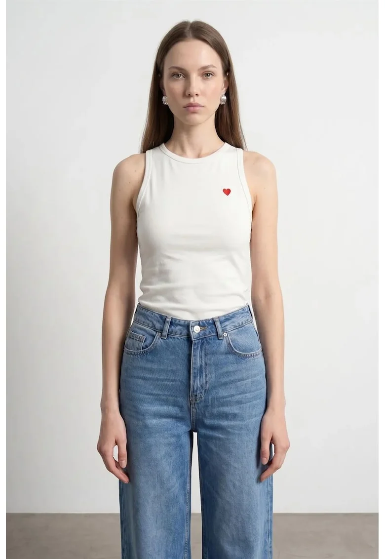 Bluza dama,  bluza din jerseu brodata, slim-fit, alb prafuit, bumbac-elastan