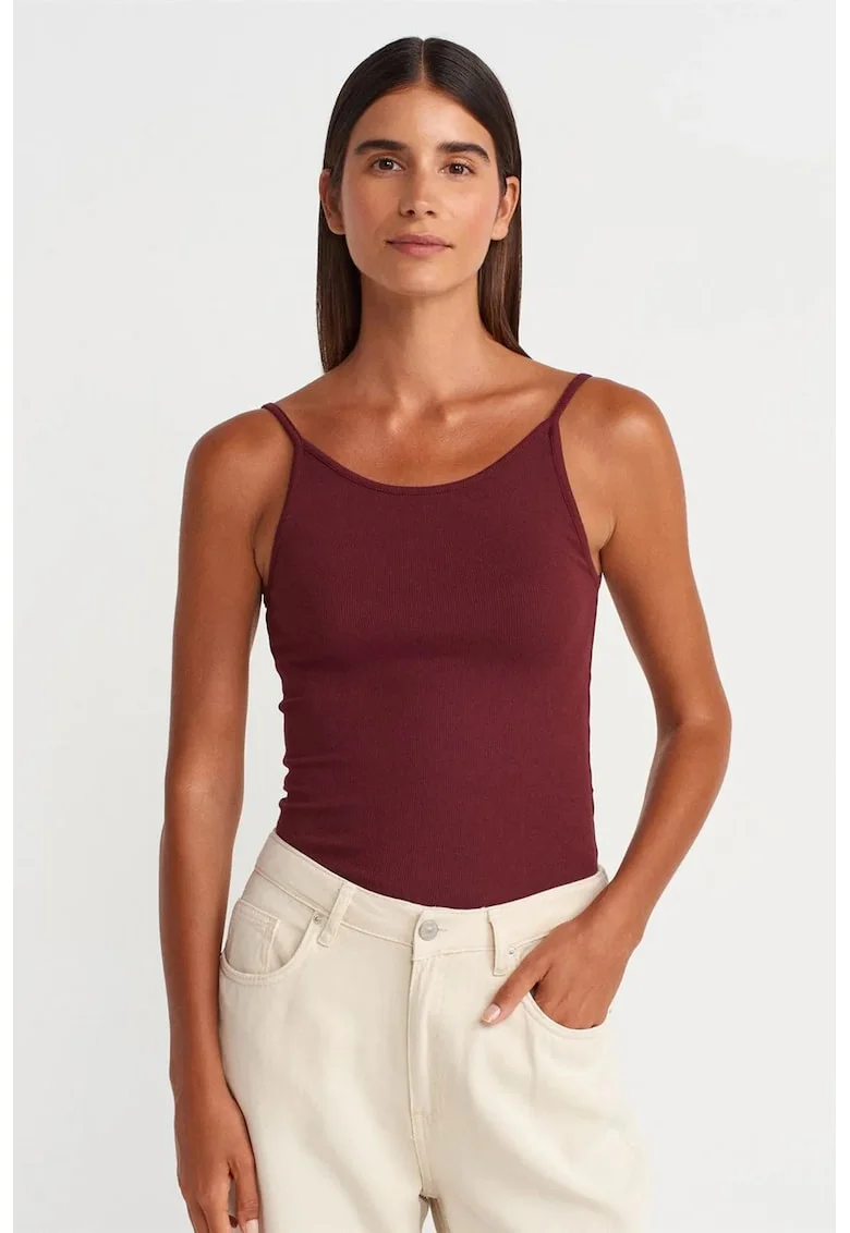 Bluza dama,  Bluza cu nervuri, fara maneci, rosu burgundy, bumbac-modal-elastan