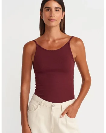 Bluza dama,  Bluza cu nervuri, fara maneci, rosu burgundy, bumbac-modal-elastan