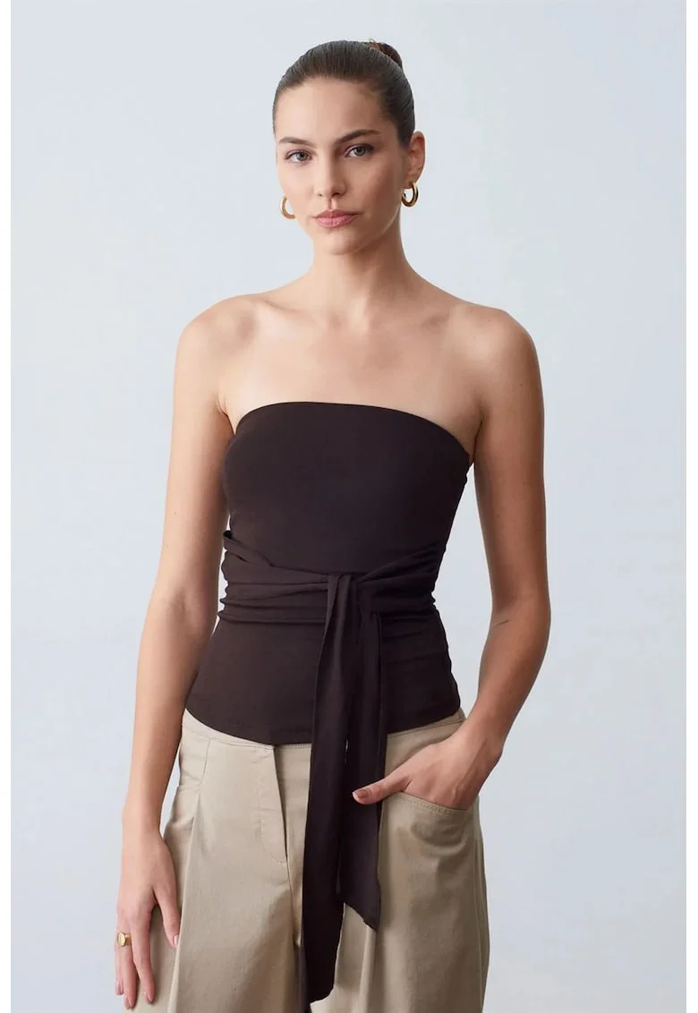 Bluza dama,  bluza slim-fit fara bretele, detalii cu snur, maro cafea, bumbac/modal/elastan