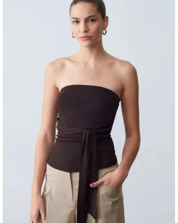 Bluza dama,  bluza slim-fit fara bretele, detalii cu snur, maro cafea, bumbac/modal/elastan