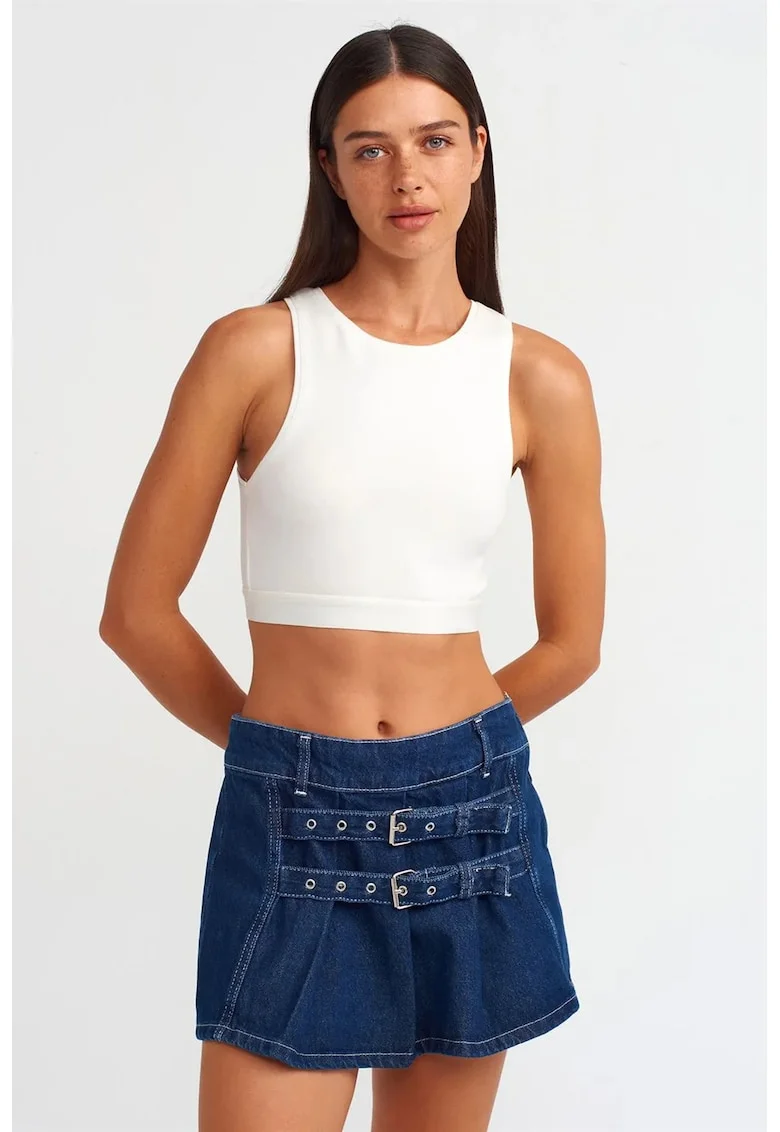 Fusta mini,  denim albastru mediu, casual, cu curea, 100% bumbac