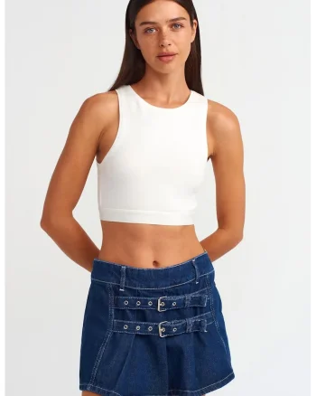 Fusta mini,  denim albastru mediu, casual, cu curea, 100% bumbac