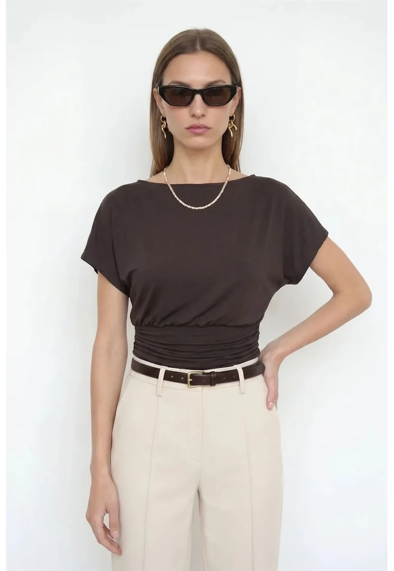 Bluza dama,  Bluza cu guler rotund, decupaje, maro cafea, amestec de modal