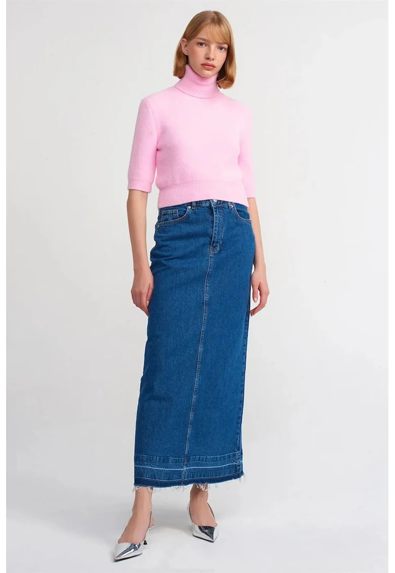 Fusta maxi,  denim, albastru mediu, talie inalta, buzunare, bumbac cu elastan