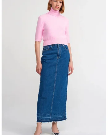Fusta maxi,  denim, albastru mediu, talie inalta, buzunare, bumbac cu elastan