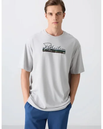 Tricou barbatesc  supradimensionat imprimat, gri deschis, amestec de bumbac si poliester