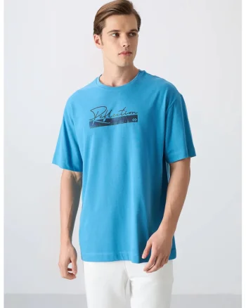 Tricou  supradimensionat imprimat, Maya Blue, bumbac/poliester