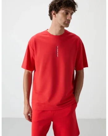 Tricou  supradimensionat, imprimeu, rosu 80% bumbac, 20% poliester