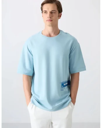 Tricou barbati,  supradimensionat, bumbac si poliester, albastru deschis