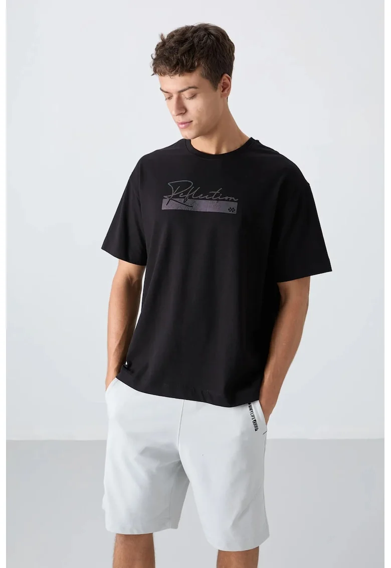 Tricou barbati,  supradimensionat, imprimat, negru, amestec de bumbac