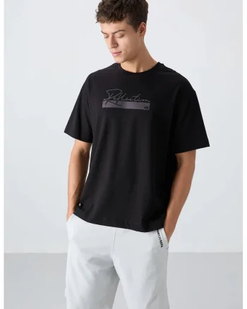 Tricou barbati,  supradimensionat, imprimat, negru, amestec de bumbac