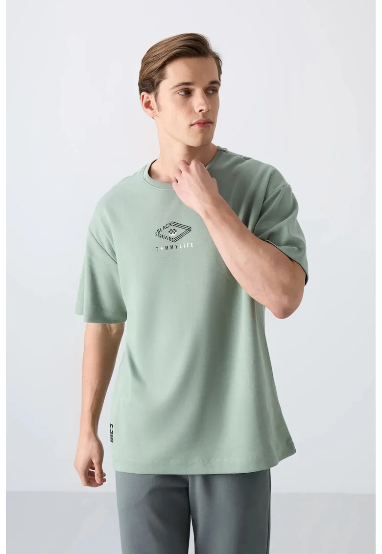 Tricou  supradimensionat, verde salvie, amestec de bumbac cu logo, pentru barbati