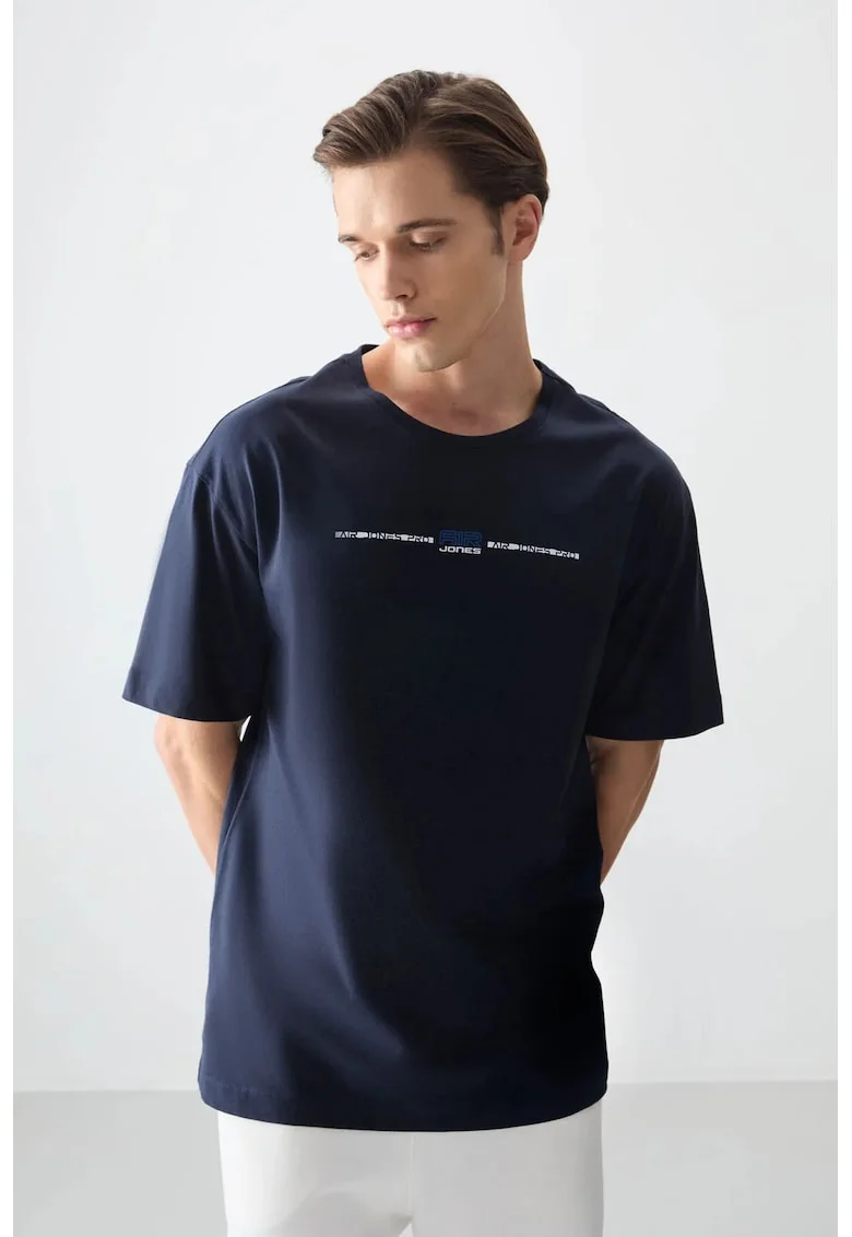 Tricou  supradimensionat din bumbac, imprimeu, albastru marin, 100% bumbac