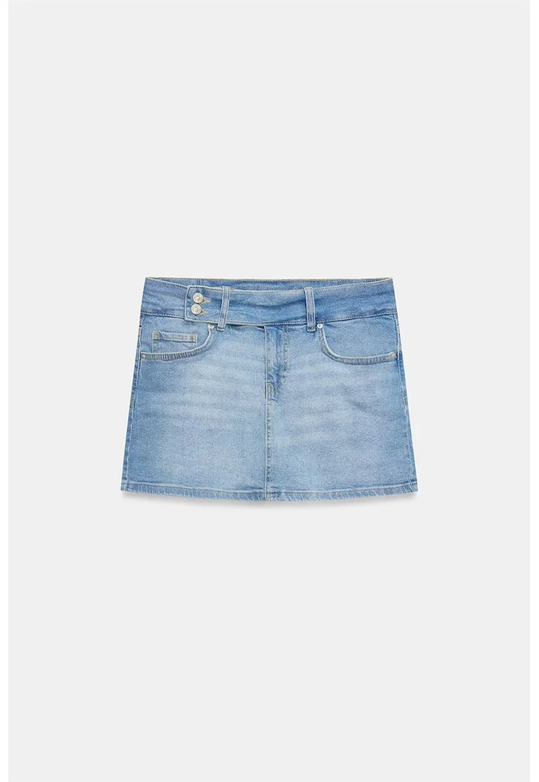 Fusta mini,  denim albastru deschis, talie inalta, cu curea, casual