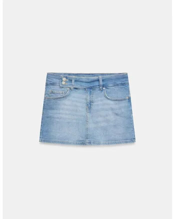 Fusta mini,  denim albastru deschis, talie inalta, cu curea, casual