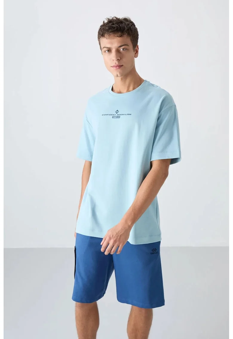 Tricou  supradimensionat, imprimat pe spate, albastru deschis, amestec de bumbac