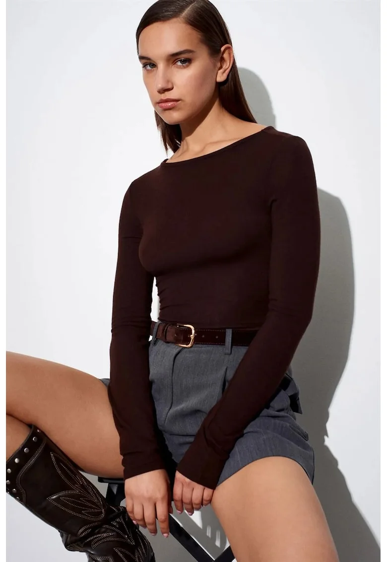 Bluza dama,  bluza cu maneca lunga, guler barcuta, maro cafea, casual
