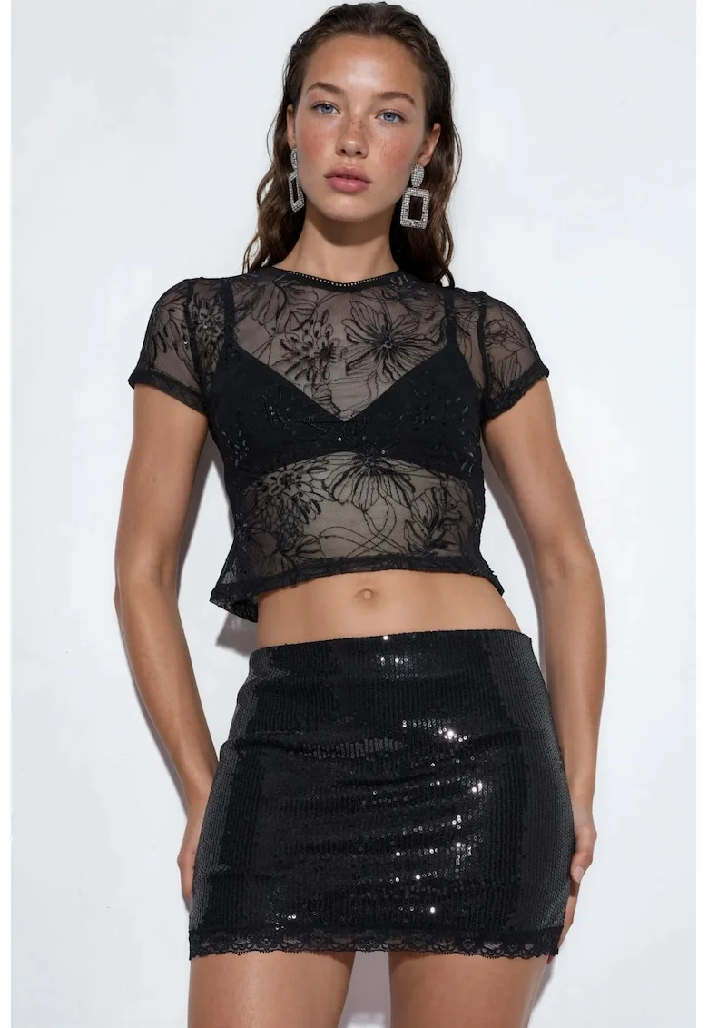 Fusta  mini eleganta cu paiete, neagra, 95% poliester/5% lycra