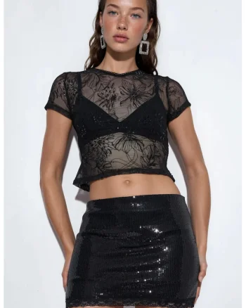Fusta  mini eleganta cu paiete, neagra, 95% poliester/5% lycra