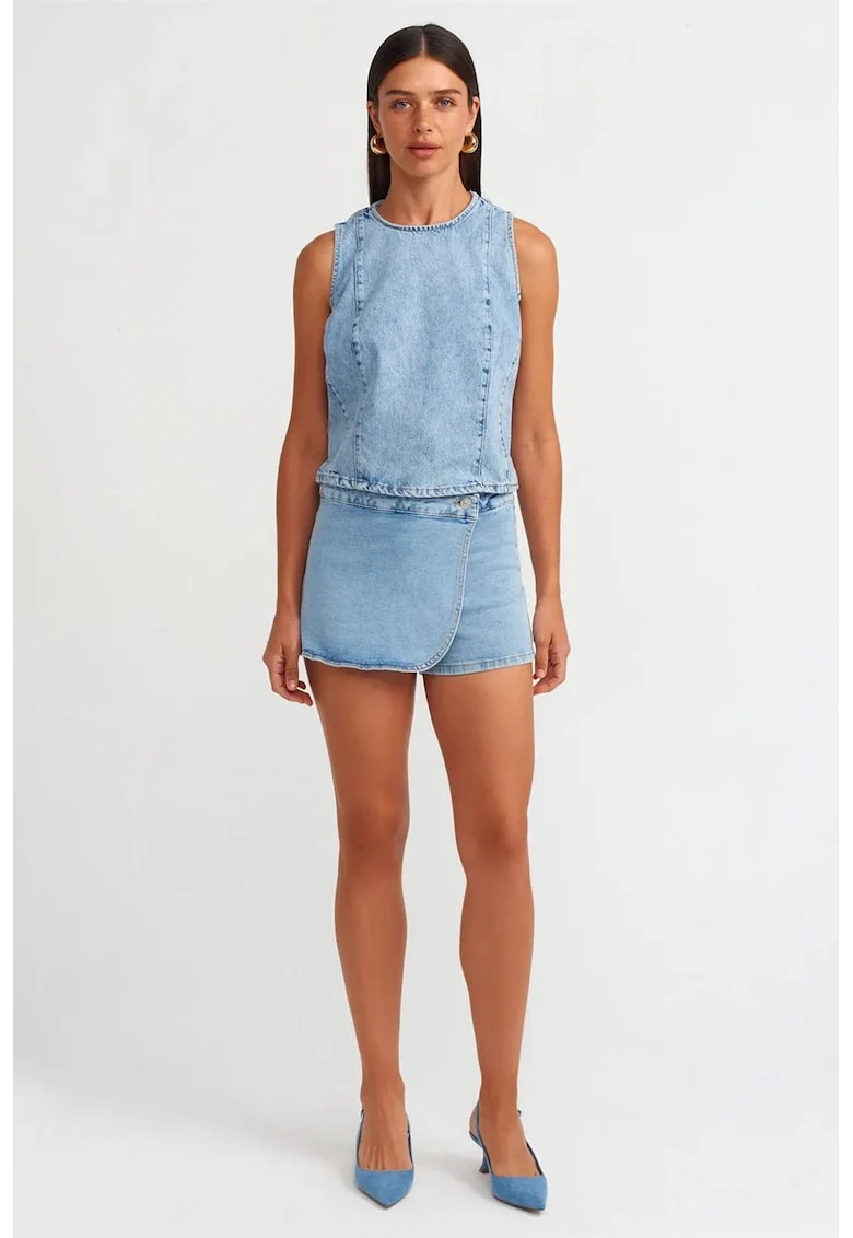 Fusta scurta,  denim, talie inalta, albastru deschis, bumbac/elastan