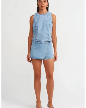 Fusta scurta,  denim, talie inalta, albastru deschis, bumbac/elastan