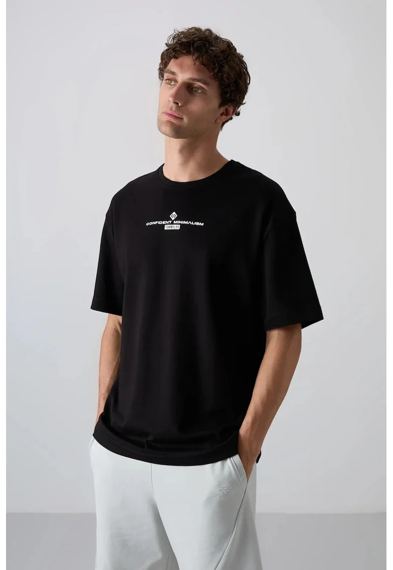 Tricou  supradimensionat, imprimat pe spate, negru, amestec de bumbac