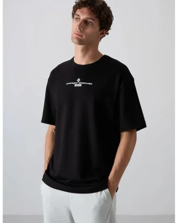 Tricou  supradimensionat, imprimat pe spate, negru, amestec de bumbac