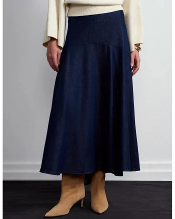 Fusta maxi,  din denim albastru inchis, talie inalta, casual