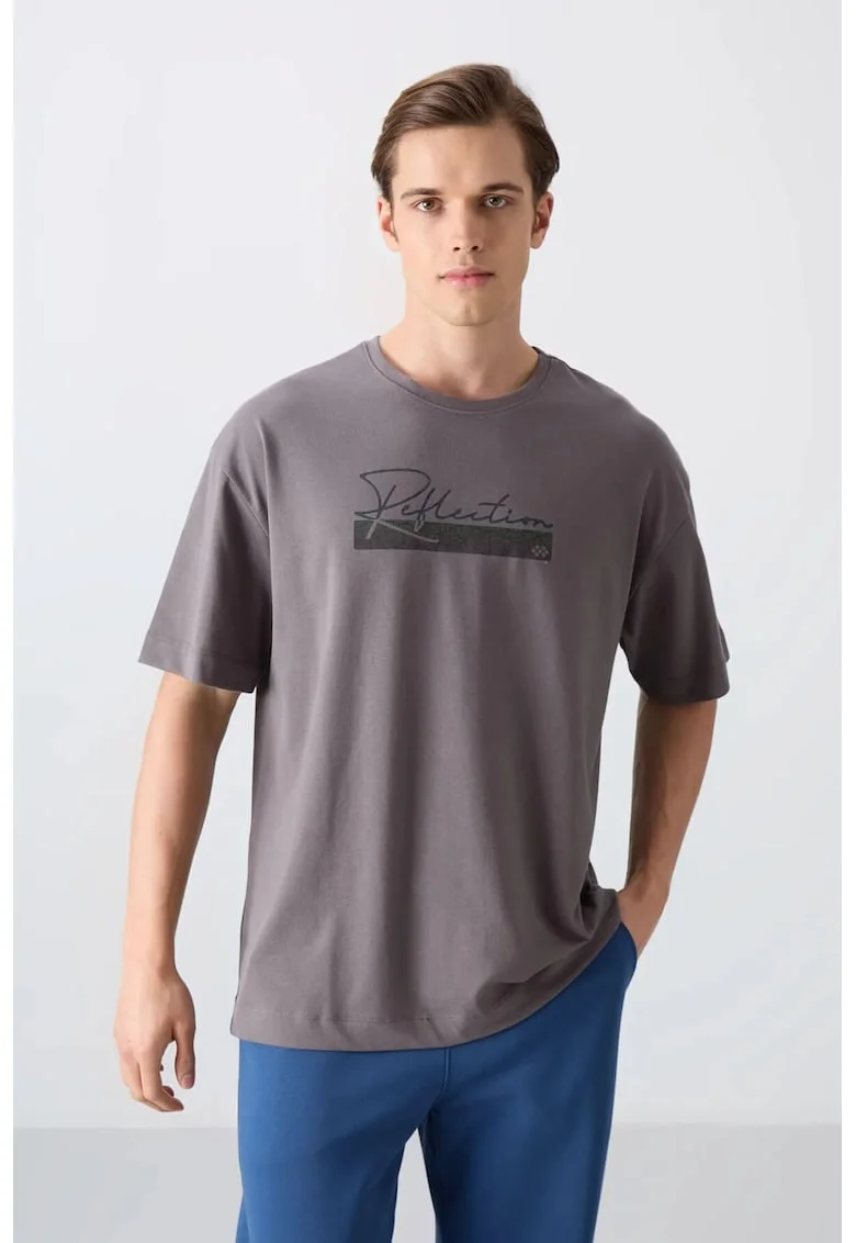 Tricou  supradimensionat imprimat, gri antracit, amestec de bumbac