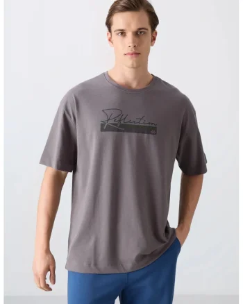 Tricou  supradimensionat imprimat, gri antracit, amestec de bumbac