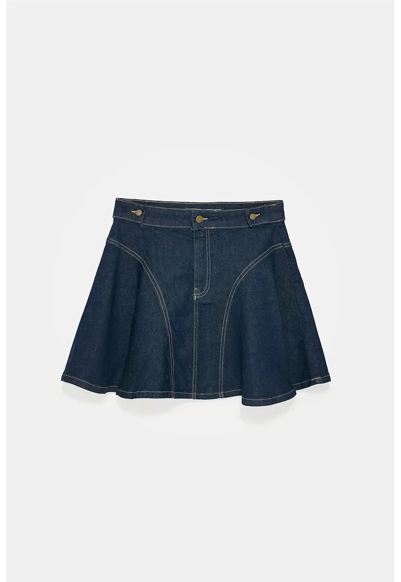 Fusta Mini Skater,  Talie Inalta, Casual, Evazat, Denim Albastru Inchis