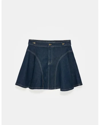 Fusta Mini Skater,  Talie Inalta, Casual, Evazat, Denim Albastru Inchis