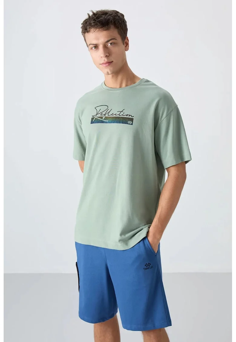 Tricou  supradimensionat imprimat, verde salvie, amestec de bumbac