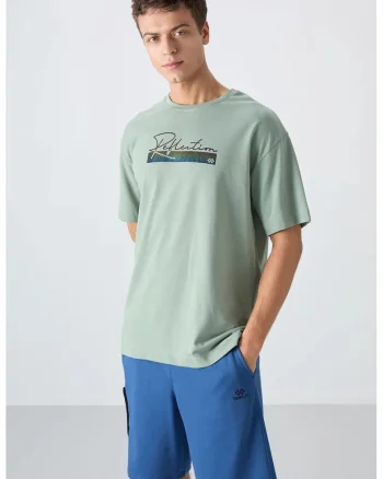 Tricou  supradimensionat imprimat, verde salvie, amestec de bumbac