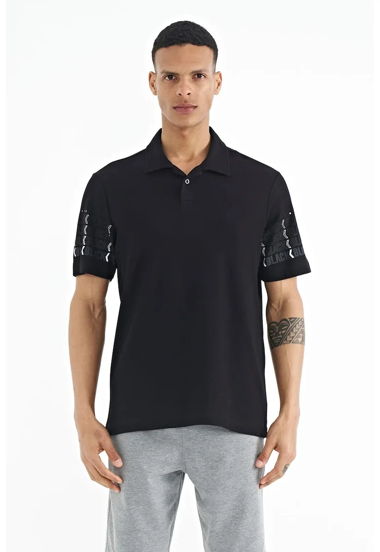 Tricou polo  barbati, imprimeu, negru, 100% bumbac