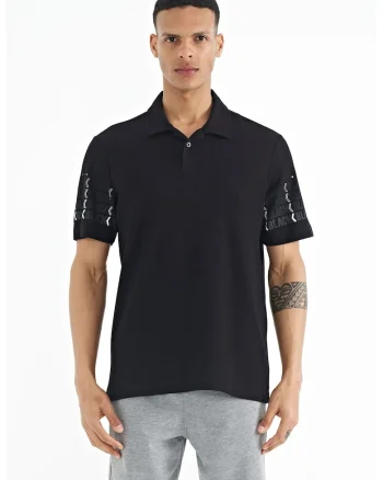 Tricou polo  barbati, imprimeu, negru, 100% bumbac