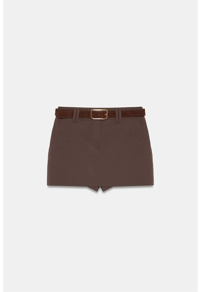 Fusta mini,  A-Line, cu talie inalta si curea, maro cafea, casual