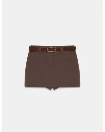 Fusta mini,  A-Line, cu talie inalta si curea, maro cafea, casual