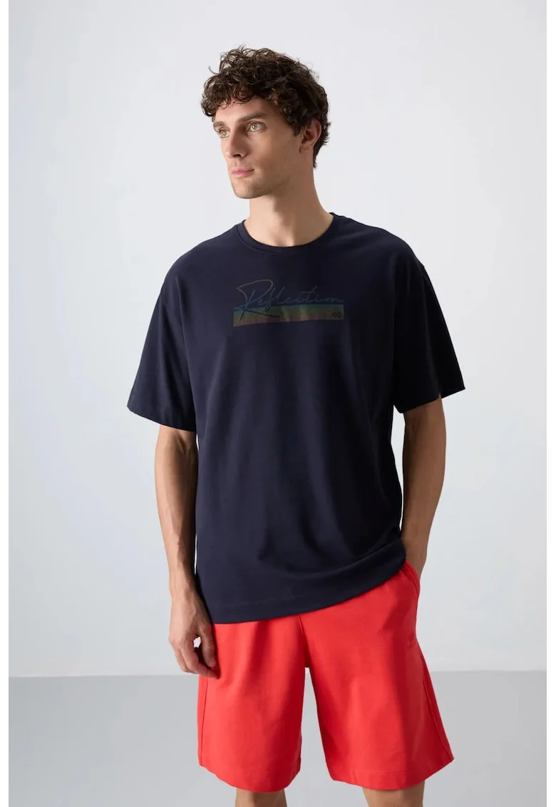 Tricou  supradimensionat imprimat, albastru marin, amestec de bumbac