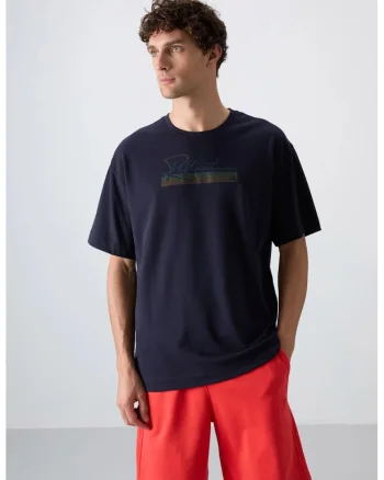 Tricou  supradimensionat imprimat, albastru marin, amestec de bumbac