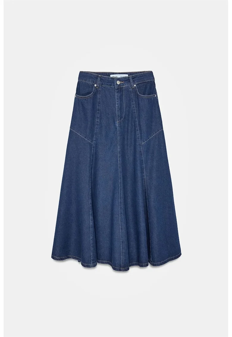 Fusta,  Midi A-Line, din Denim, albastru inchis, casual