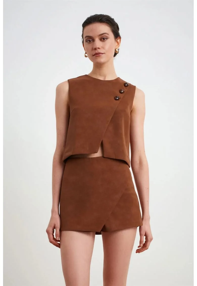 Fusta  mini, eleganta, maro camel, din imitatie de piele