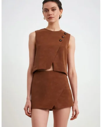 Fusta  mini, eleganta, maro camel, din imitatie de piele