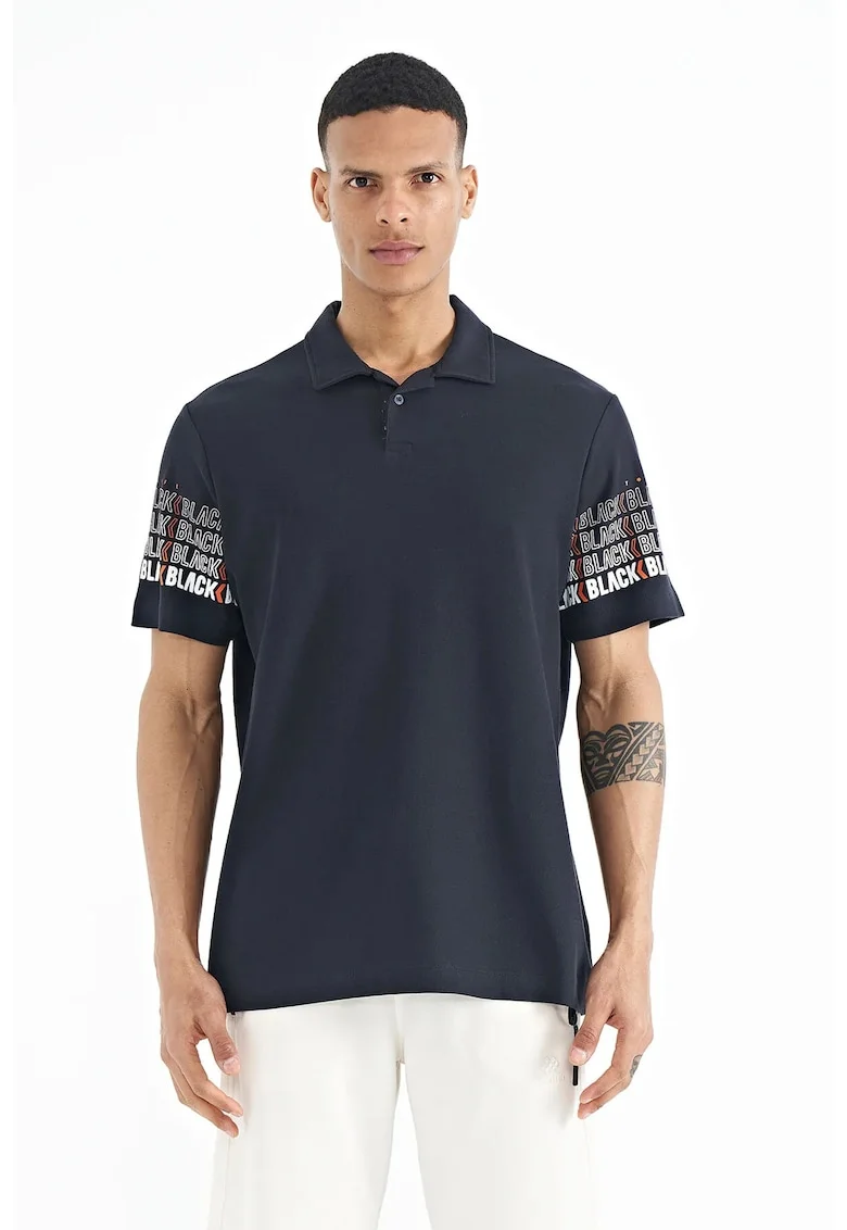 Tricou polo barbati  imprimeu, albastru marin, 100% bumbac